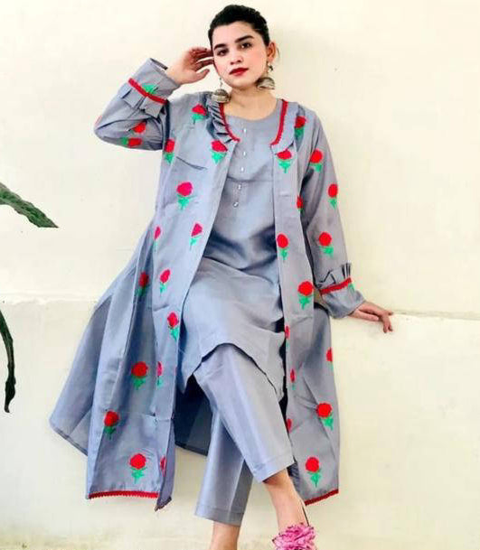 3pcs women's stitched fancy katan slik embroided gown.