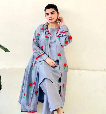 3pcs women's stitched fancy katan slik embroided gown.